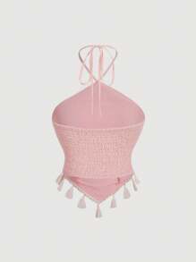 SHEIN MOD Trang phục lãng mạn màu hồng: Áo ba lỗ tua rua và chân váy xếp nếp nhiều lớp, trang phục dự tiệc, trang phục Bohemian, trang phục đi nghỉ, trang phục đi biển - Hồng - Xem 8