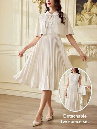 Vintamour 复古优雅经典女式两件套春夏披肩和米色百褶领连衣裙 度假装女士 女士夏季装 商务休闲女士 女士春季装 女士教师装 女士节日装 复活节连衣裙 女士热带度假服装 女士白色连衣裙 女士生日连衣裙 2 件套女士服装 女士毕业礼服