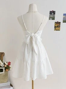 Soleia Women's Vacation Style Camisole Mini Dress, With Bowknot Back Straps, Twist Front, White Summer Casual