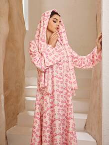 Graceveil 女士简约时尚休闲阿拉伯风格连衣裙，适合日常穿着，端庄 - 粉色 - 查看 2