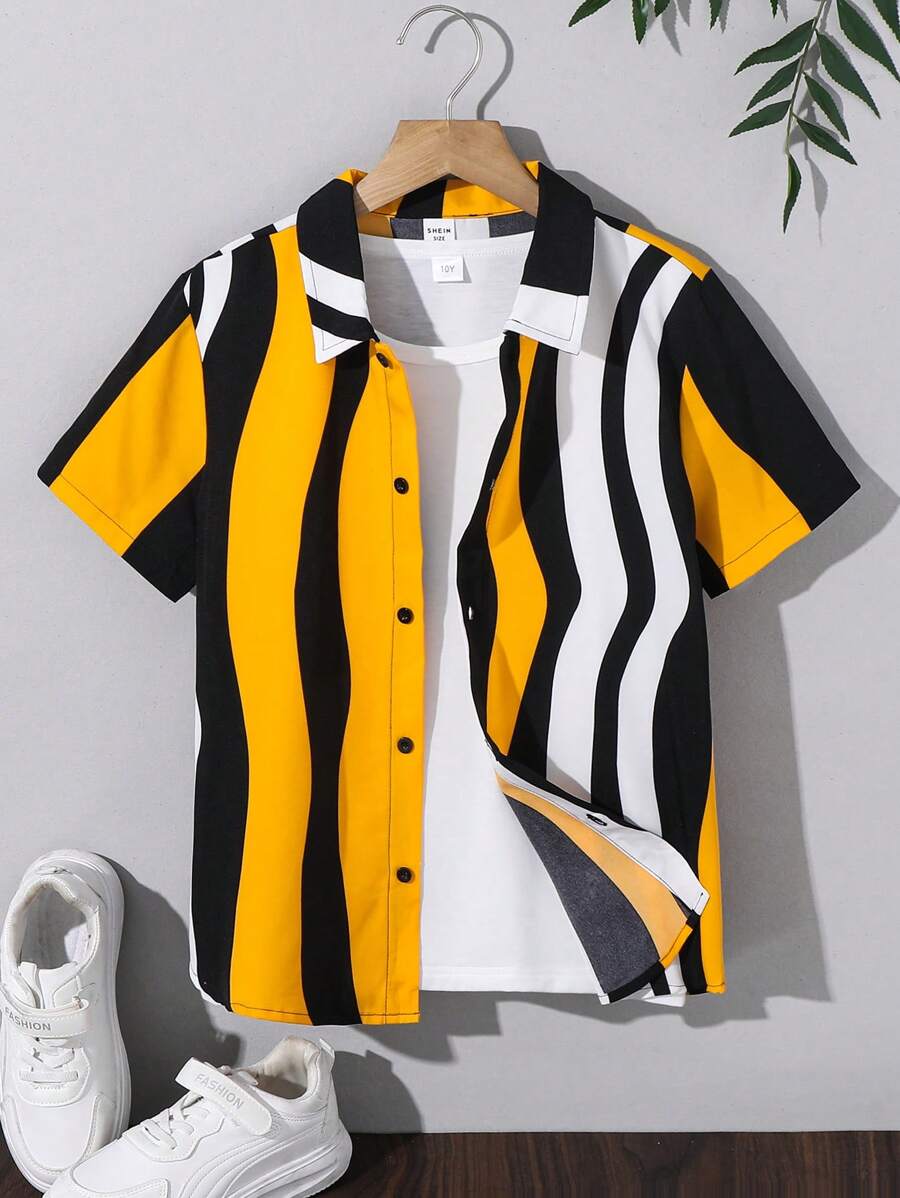 SHEIN 青少年男孩休闲条纹印花 Polo 领短袖编织衬衫