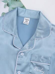 2 件装男婴简约纯色字母印花短袖 T 恤和裤子套装，休闲家居服，春夏 - 淺藍色 - 查看 3