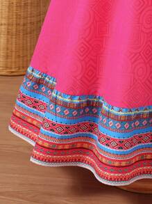 Tween Girl Floral Retro Print Loose A-Line Dress With Ruffled Short Cap Sleeves, Pink