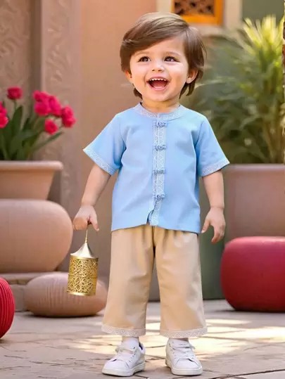 2pcs/Set Toddler Boys' Chinese Style Summer Printed Woven Buttons Hanfu Shorts Set, Suitable For Casual Daily Wear