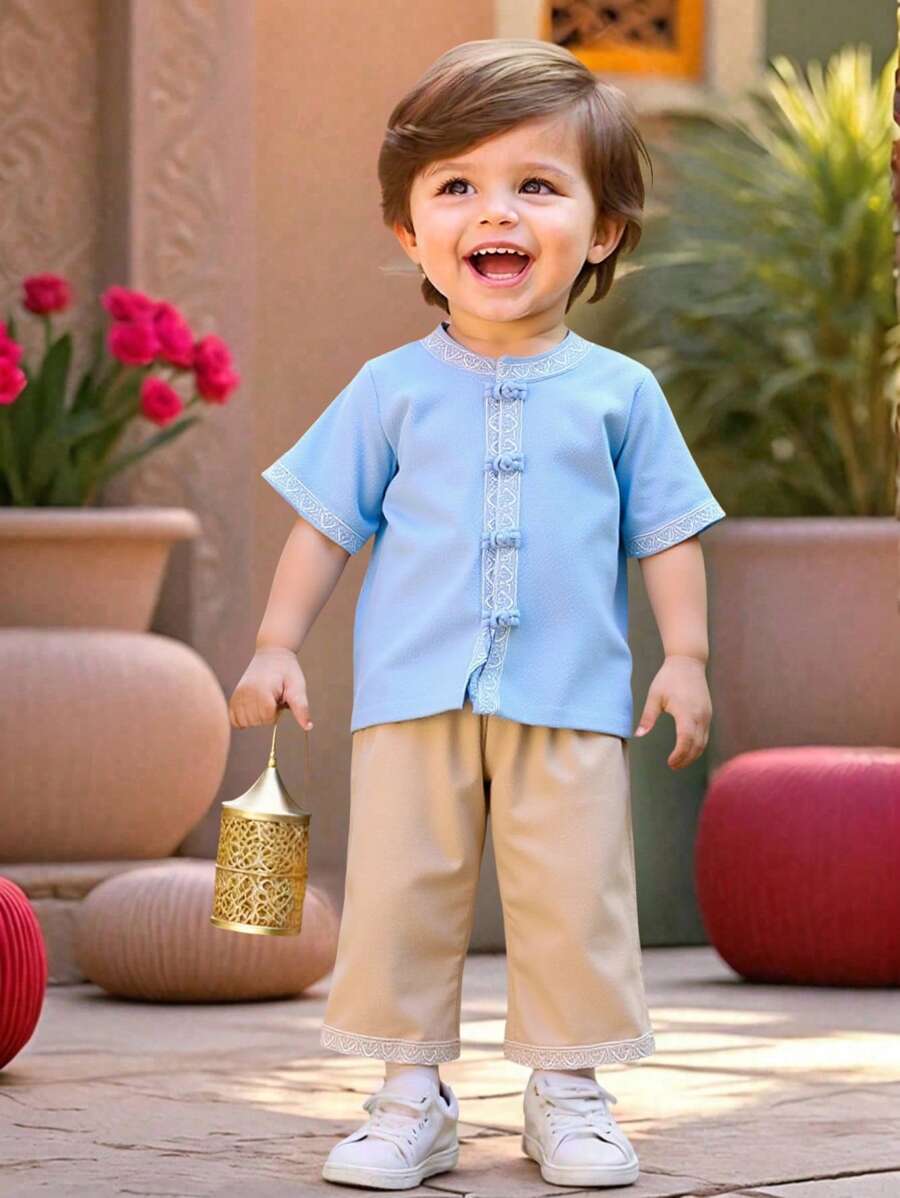 2pcs/Set Toddler Boys' Chinese Style Summer Printed Woven Buttons Hanfu Shorts Set, Suitable For Casual Daily Wear - Blue - View 1