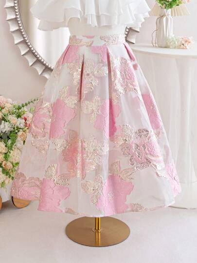 SHEIN Leap Crew Tween 女童欧根纱花朵提花褶皱腰荷叶边下摆裙，锦缎提花设计裙，适合花园茶会、春季郊游和度假