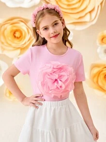 SHEIN Tween Girls' Knitted Tulle 3D Floral Decorated Elegant Pink Blouse, Sweet Top, French Elegant Blouse, Valentine's Day Tween Girl, Flower Girl, Back To School