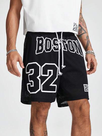 Manfinity VCAY Pantalones cortos casuales sueltos para hombres con estampado de letra inglesa y cintura con cordón