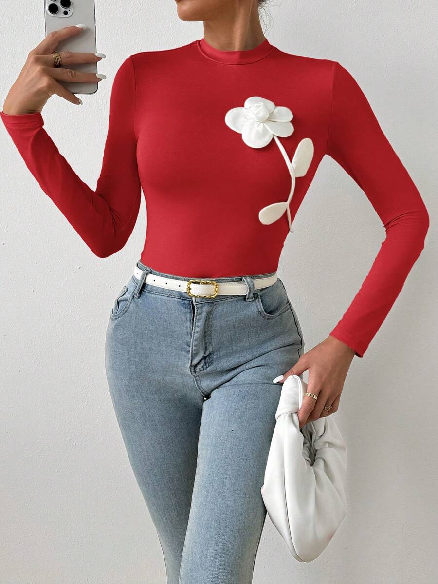 SHEIN Privé 女士优雅 3D 花卉图案黑色长袖修身 T 恤，适合通勤和度假 - 紅色 - 查看 1