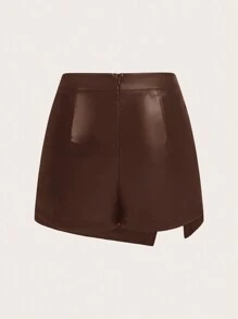 SHEIN Privé Fashionable High-Waisted Slim Faux Leather Shorts, Versatile Design For Autumn/Winter - Brown - View 2