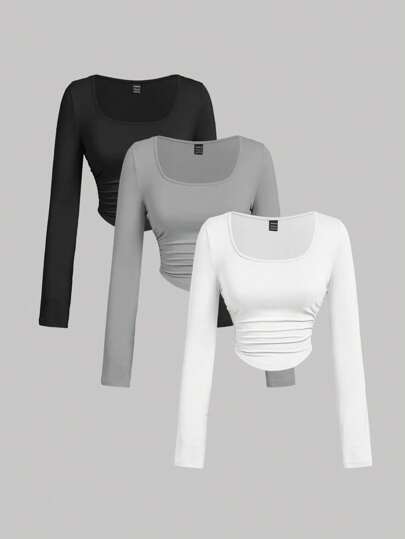 Camiseta de mujer casual y versátil de unicolor con pliegues