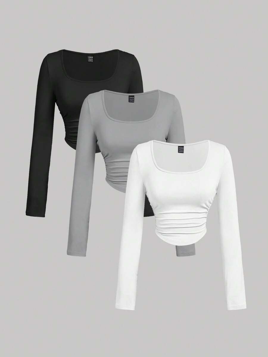 SHEIN MOD 女士休闲百搭纯色褶皱 T 恤 - 灰色 - 查看 1