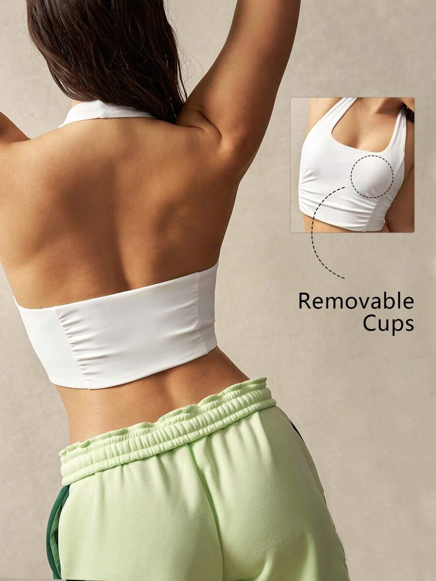 VARSITIE 圆领褶皱短款运动文胸 - 白色 - 查看 1