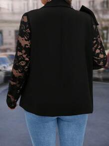 SHEIN LUNE 大码女式优雅休闲百搭撞色蕾丝拼布西装外套 - 黑色 - 查看 2