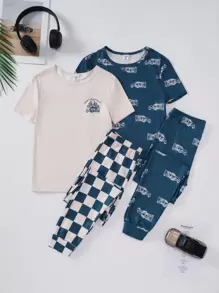 4件套青少年男孩休闲汽车图案印花运动衫和紧身裤睡衣套装 - 彩色 - 查看 1