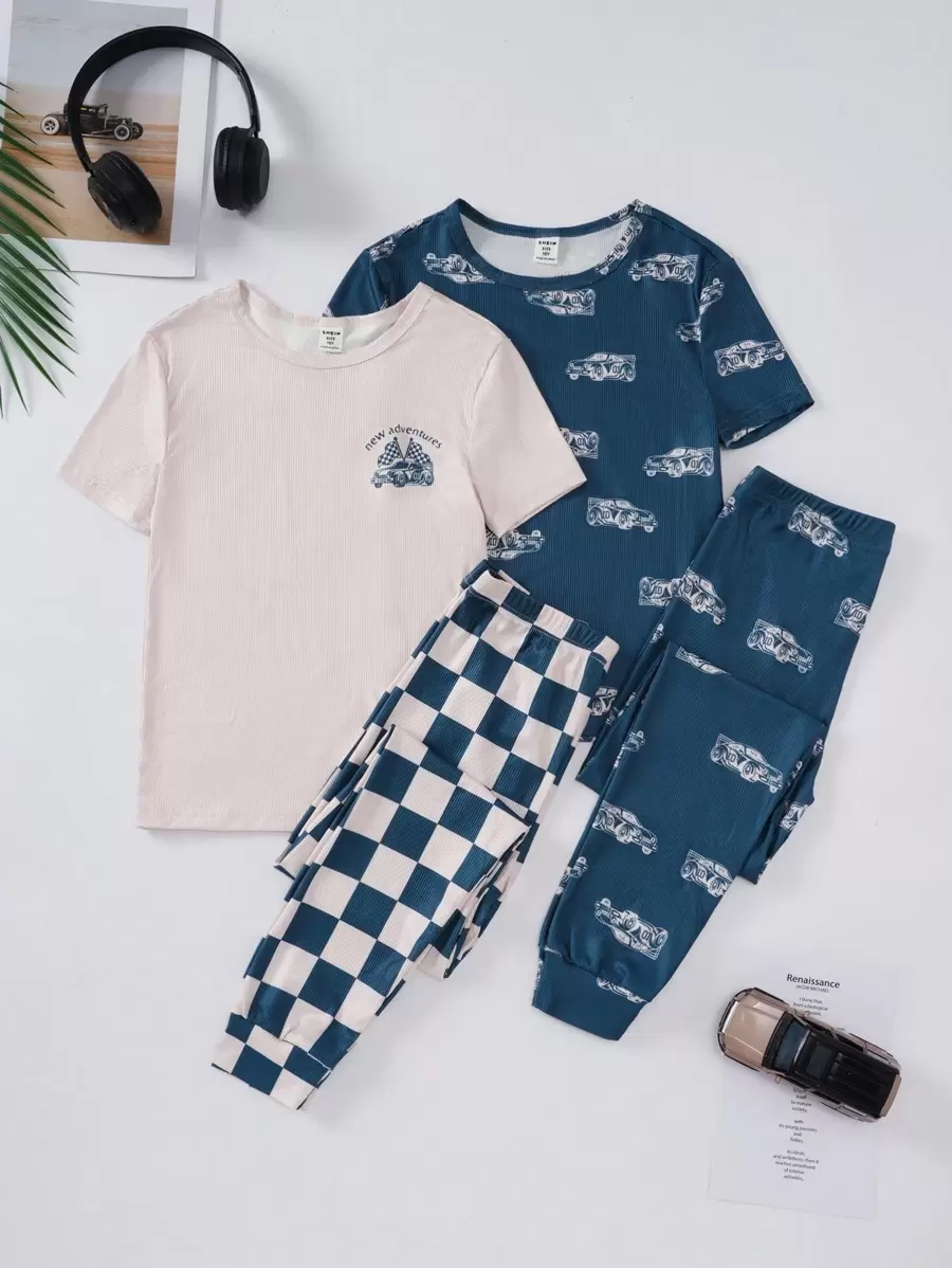 4件套青少年男孩休闲汽车图案印花运动衫和紧身裤睡衣套装 - 彩色 - 查看 1
