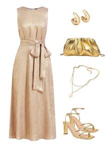 Ellevyn Women's Elegant Tie-Waist Pocket Gold Sequin Round Neck Slim A-Line Dress, Resort Style Dress For Spring/Summer - Gold - View 1