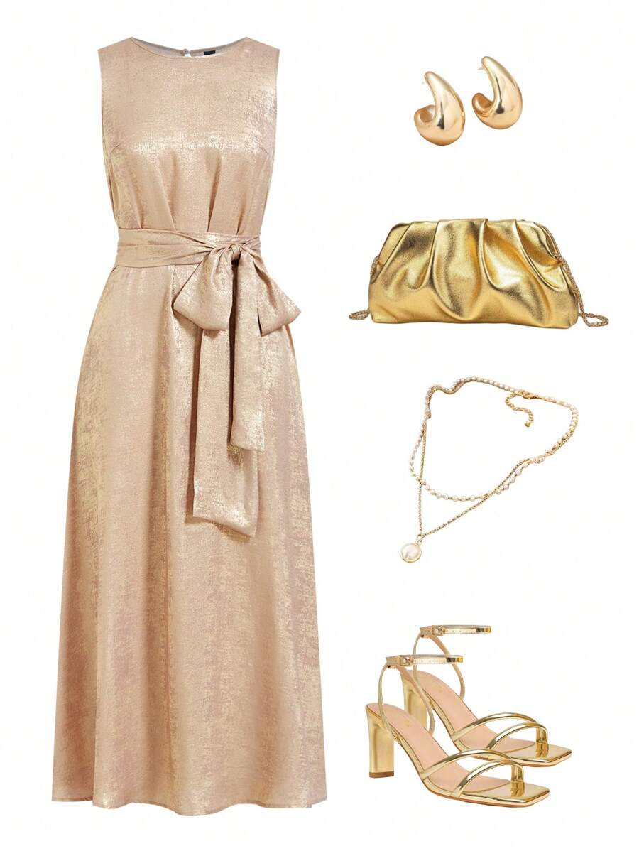 Ellevyn Women's Elegant Tie-Waist Pocket Gold Sequin Round Neck Slim A-Line Dress, Resort Style Dress For Spring/Summer - Gold - View 1
