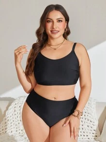 Swim Lushoire Plus Size Women 3pcs Set Random Print Fashionable Sexy Holiday Daily High Waist Skirt & Adjustable Strap Tankini Set, For Summer Beach Vacation - Black - View 3