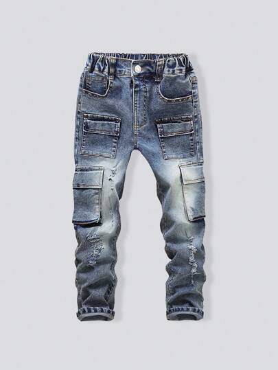 Young Boy Vintage Street Fashion Distressed Ripped Multi-Pocket Elastic Denim Cargo Jeans, School, Campus, College Chic Outfits For Autumn/Winter