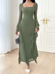 Modelyn Women's Solid Color Square Neck Bell Sleeve Long Elegant Dress Long Evening Dresses