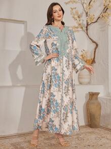 Al Najma Indonesian Arabic Long Robe Dress For Women, Dubai Style Loose Retro Printed Robe, Turkish Caftan, Modest Kaftan - Apricot - View 3