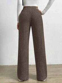 SHEIN EZwear 百搭纯色高腰直筒休闲裤 - 摩卡棕 - 查看 2