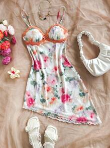 Soleia Vestido de verano con estampado floral romántico, encaje de contraste, dobladillo asimétrico, tirantes de espagueti para vacaciones, playa, primavera, Día de San Valentín, cumpleaños