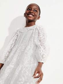 SHEIN Young Girls Sweet Ruffled Collar Puff Sleeve Mesh Embroidered Dresses - White - View 6