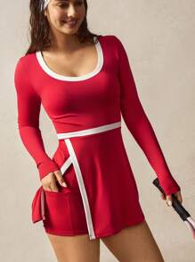 VARSITIE Women Plain Color Patchwork Long Sleeve Pocket Casual Sports Mini Dress - Red - View 3