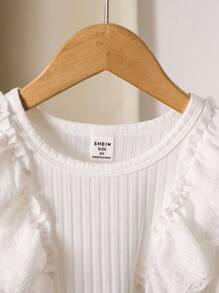 Young Girl' Ruffled Collar Textured Fabric T-Shirt - White - View 3