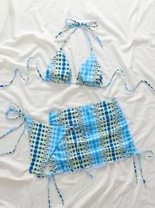 Swim EVENT Women's Summer Halter Neck String Casual Resort Fashionable Hot-Selling Printed, Music Festival Party, Pleated Sides Sexy Minimalist Bikini Swimsuit 3-Piece Set - Multicolor - View 8