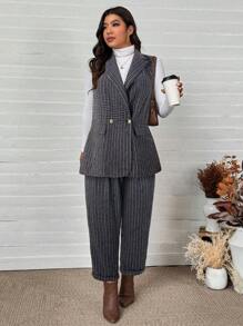 SHEIN LUNE Plus Size Women Plaid Shirt Collar Double-Breasted Sleeveless Jacket & Pants Casual 2 Pieces Set, Autumn Thanksgiving Outfit Women New Years Women Outfit Winter Dresses Winter Clothes Women Rave Outfits New Years Eve Outfit, Office Wear, New Years Women Outfit, Party, Business Casual Woman Work Office Office Outfits For Women Business Casual Woman Work Clothes Women Business Casual Woman - Dark Grey - View 6