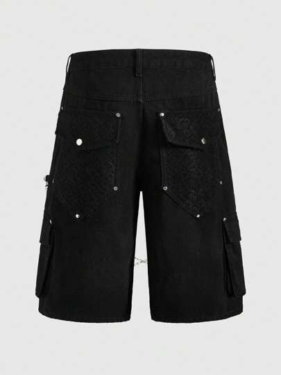 Grunge Punk Jeans casuales de pierna ancha con bolsillo utilitario para hombre, de largo 7/8