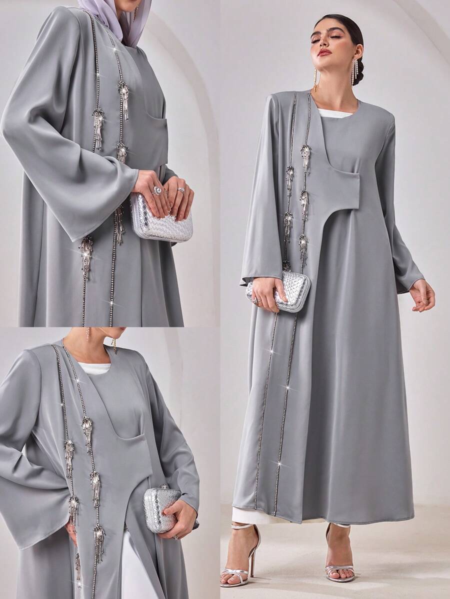 Al Najma Women's Long Sleeve Arabic Abaya Cardigan With Rhinestone Decor - Grey - View 1