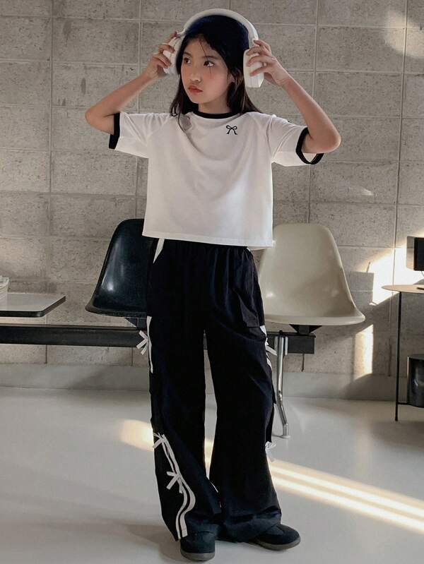 Dazy Kids 2 件套 Tween 女童蝴蝶结印花插肩短袖上衣和裤子套装