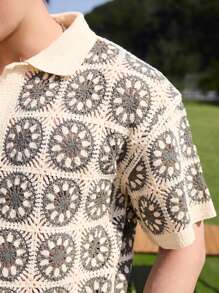 Manfinity CasualKnits 男士花卉图案单排扣休闲钩针镂空宽松针织上衣短袖男士夏季衣服男士衬衫套装 - 彩色 - 查看 2