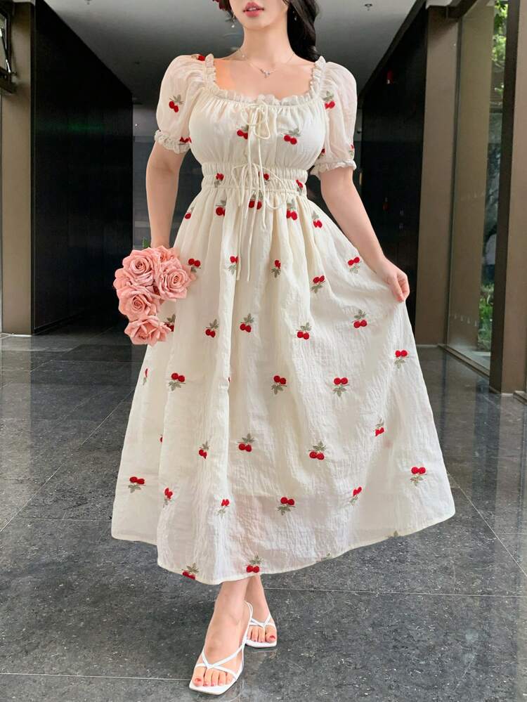 Spring New Arrival Valentine's Day Ruched Sundress, Textured Floral Dress With Beach Holiday Vibe For Women,Milkmaid Dress Vacation Outfits Women Boho