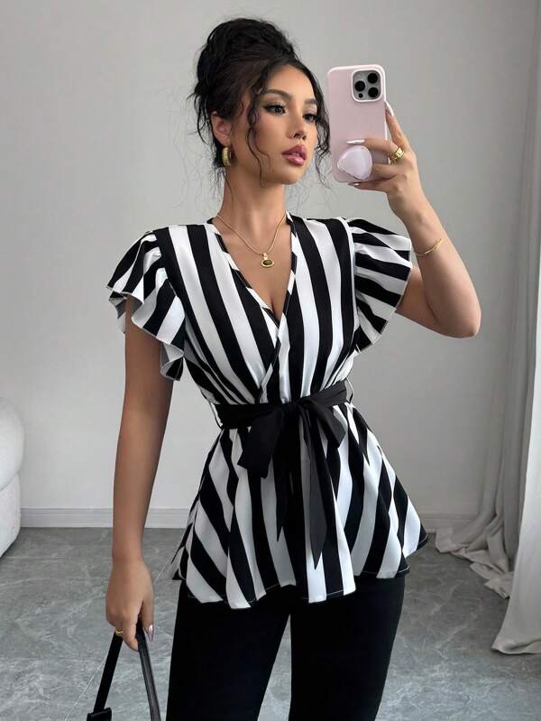 Elenzga Striped Random Crisscross Collar Elegant Commuting Flaring Sleeve Waist Contrast Color A-Line Cap Sleeve Shirt