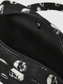 ROMWE Goth Black Skull Print Corduroy Women Tote Bag, Stylish & Portable - Black - View 4
