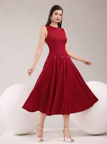 Modelyn Women's Solid Color Round Neck Sleeveless Elegant Arabic Style Dress  Summer Outfits For Women   Wedding Guest Dress Women   Airport Outfit For Women   Graduation Dress  Red Dress - Burgundy - View 2
