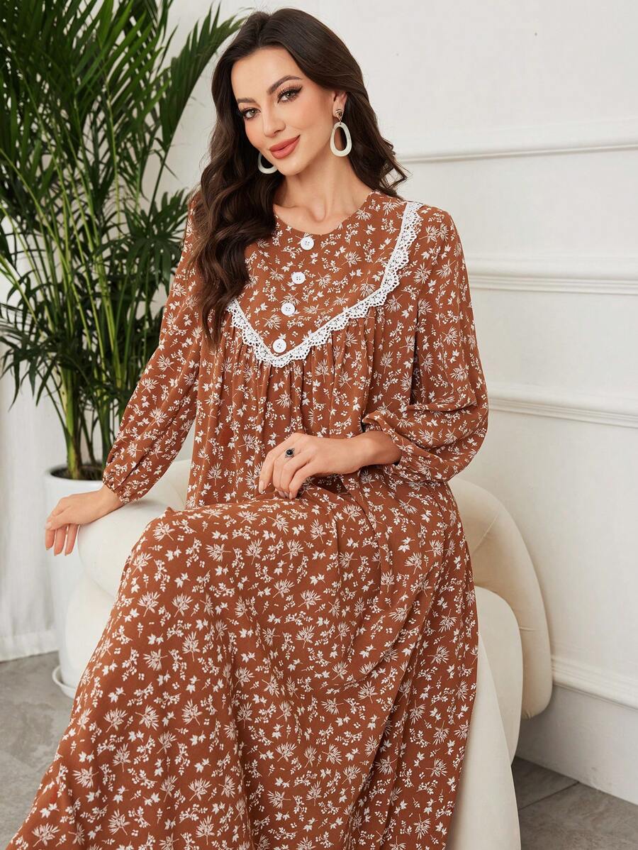 SHEIN Lacomfia Elegant Lady Minimalist Floral Print Arabic Style Dress - Coffee - View 1