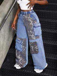 SHEIN Slayr 女式豹纹拼布休闲牛仔裤，直筒裤