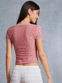 WESTFADE Camiseta ajustada de manga corta con cuello cuadrado, con estampado floral de primavera y con aplicación de encaje tejido - Rosa vieja - Ver 2