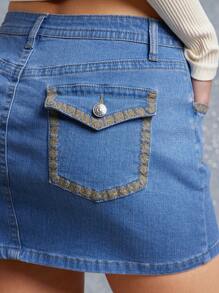 WESTFADE Mid Rise Western Embroidered Back Pocket Denim Mini Skirt Cowgirl - Medium Wash - View 5