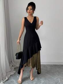 Elenzga V 领无袖腰部收紧优雅撞色荷叶边不对称下摆连衣裙 - 黑色 - 查看 3