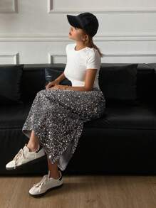 Livesso Jupe évasée pour femmes ornée de sequins, minimaliste et pour les jours de casual et les soirées de fête de luxe