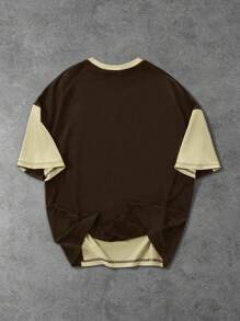 Manfinity Streetrush Camiseta de manga corta casual para hombre con bloque de color contrastante y estampado de letras, de cuello redondo y holgada, de parches, para uso diario y casual, regalo para vacaciones, para todas las estaciones y para ir y venir del trabajo