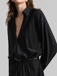 Ontre Vestido negro de cintura alta y campana con decoración de cinturón, estilo urbano chic minimalista para mujer - Negro - Ver 3