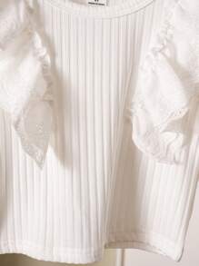 Young Girl' Ruffled Collar Textured Fabric T-Shirt - White - View 6